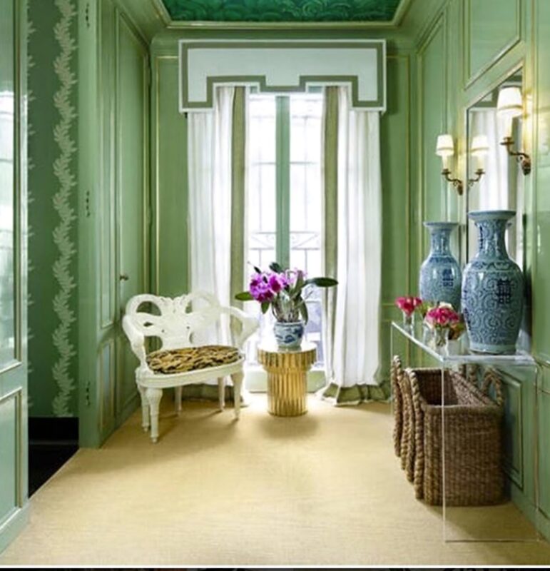 See the waterfall console table in a staged green room