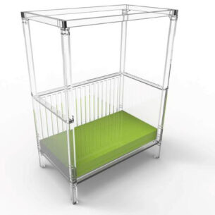 Transparent acrylic baby toddler bed with a stylish canopy, designed for contemporary nurseries.