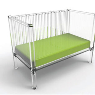 Clear acrylic baby toddler bed with rounded edges and transparent design for modern nurseries.