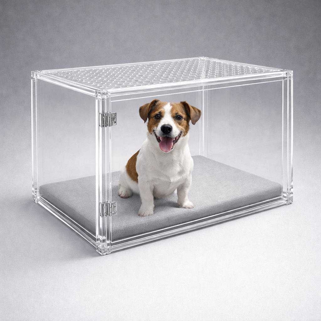 Clear lucite dog crate with silver hinges and front latch, perforated top panel, solid transparent sides and back, soft gray cushion inside