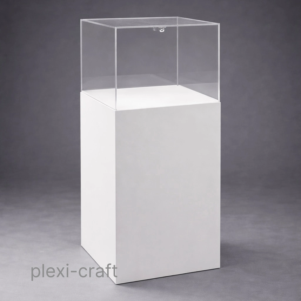 Custom acrylic display case by Plexi-Craft — built to hold objects of value alongside antiques and custom furniture