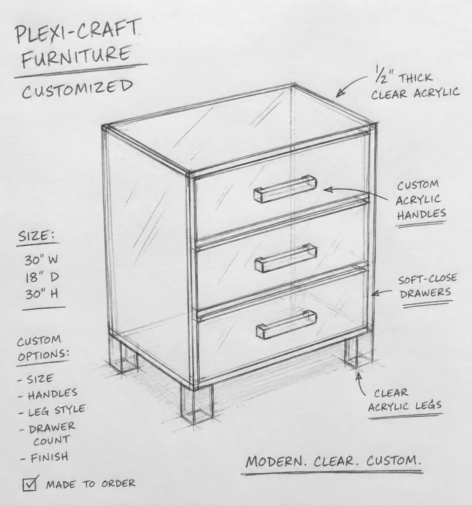 Hand drawn pencil sketch on textured paper showing a custom Plexi Craft acrylic furniture concept. The drawing features a transparent three drawer acrylic cabinet in perspective view with handwritten annotations around it. Notes label details like “1/2" thick clear acrylic,” “custom acrylic handles,” “soft close drawers,” and “clear acrylic legs.” Additional handwritten customization options include size, handles, leg style, drawer count, and finish. The overall style resembles an industrial designer’s concept sketch with loose graphite shading, construction lines, and a clean minimal presentation.
