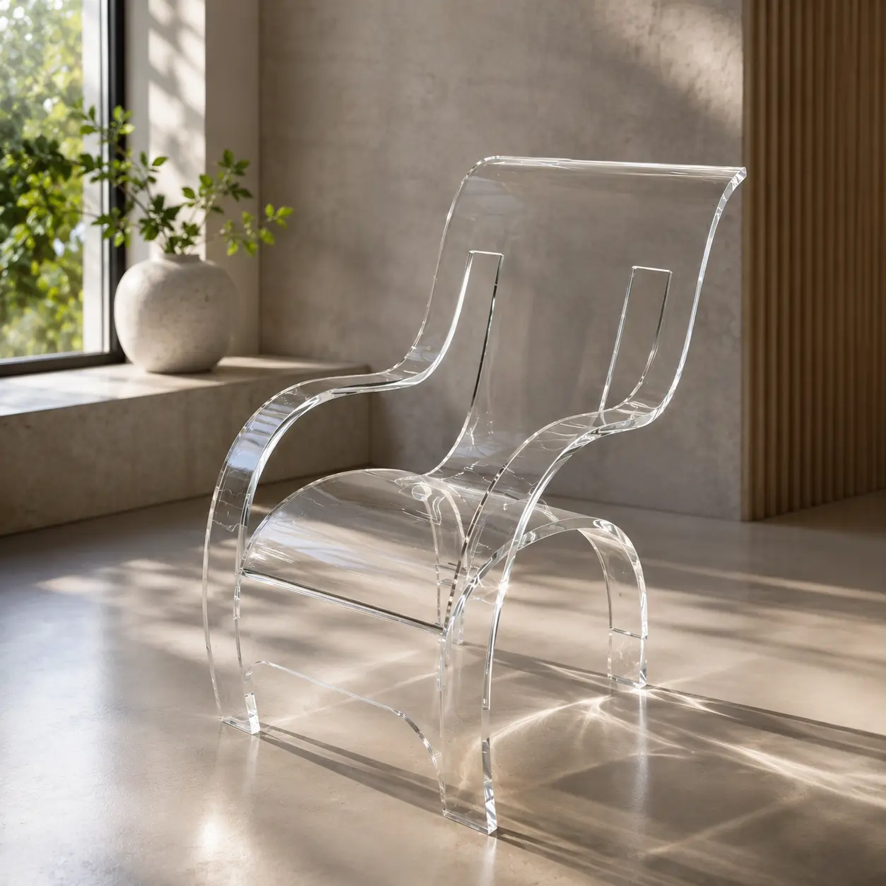 Clear acrylic Wave Chair by Plexi-Craft in a sunlit modern interior with concrete walls and greenery