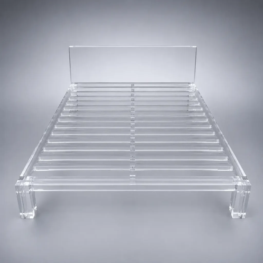 Horizon Bed clear acrylic platform bed with a Japanese joinery-inspired frame, studio rendering on a gray background