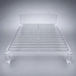 Horizon Bed clear acrylic platform bed with a Japanese joinery-inspired frame, studio rendering on a gray background