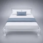 Clear acrylic Horizon Bed platform bed shown with bedding, studio rendering on a gray background