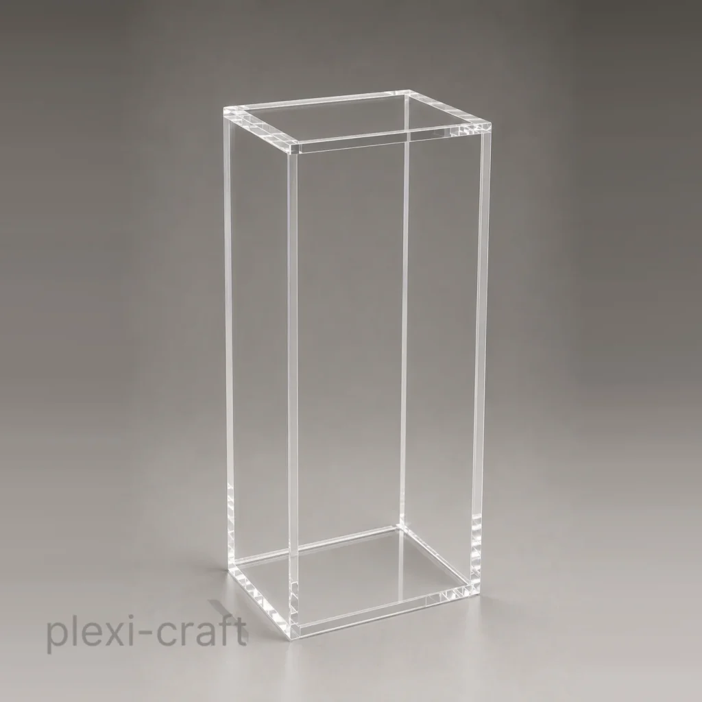 Five-sided clear acrylic box pedestal display stand, 15 x 12 x 40 inches, open bottom - Model 585