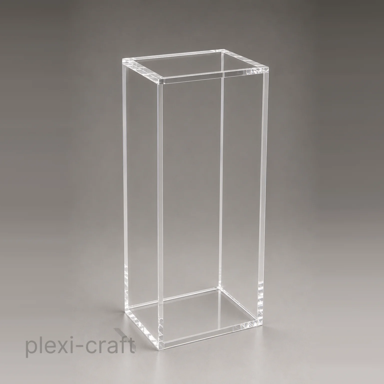 Five-sided clear acrylic box pedestal display stand, 15 x 12 x 40 inches, open bottom - Model 585
